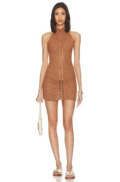 Camila Coelho Lyssa Hand Crochet Halter Mini Dress Brown