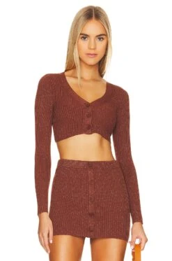 Camila Coelho Alena Metallic Micro Cardigan Brown