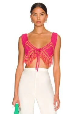 Camila Coelho Mira Hand Crochet Fringe Top Raspberry & Orange