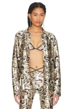 Camila Coelho Torrence Button Down Shirt Brown Waves